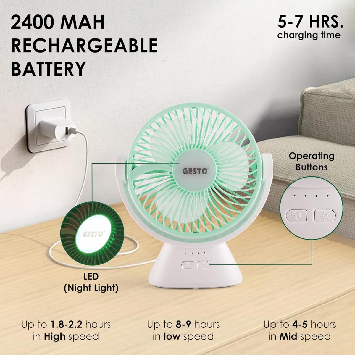 Gesto 7.8 Inch High Speed Rechargeable Table Fan for Home – USB Charging Battery Fan With Led Light | 2400mAh Battery for Upto 8 Hrs. Runtime | 3 Speed Modes Portable fan for Home,Office,Kitchen-Green - Image 3