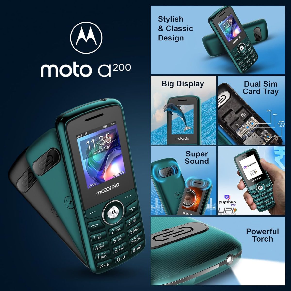(Refurbished) Motorola All-New A200 Dual Sim keypad Phone (with Voice Feature) | 2 Years Replacement | Long Lasting Battery | Wireless FM | Bluetooth Connectivity | Auto Call Recording (Teal Blue) - Image 7