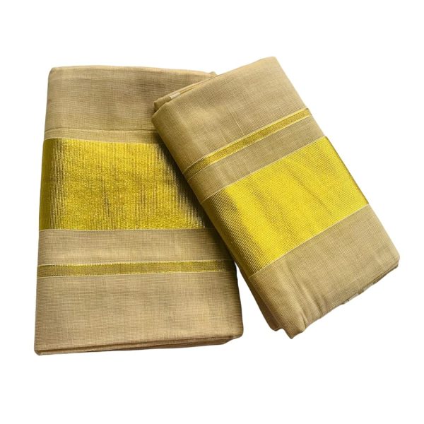 ALLUVY Women's Kuthampully Kerala Kasavu Set Mundu Tissue Golden Zari Saree - KTM-654