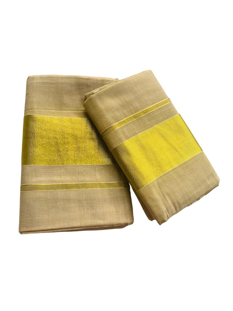 ALLUVY Women's Kuthampully Kerala Kasavu Set Mundu Tissue Golden Zari Saree - KTM-654