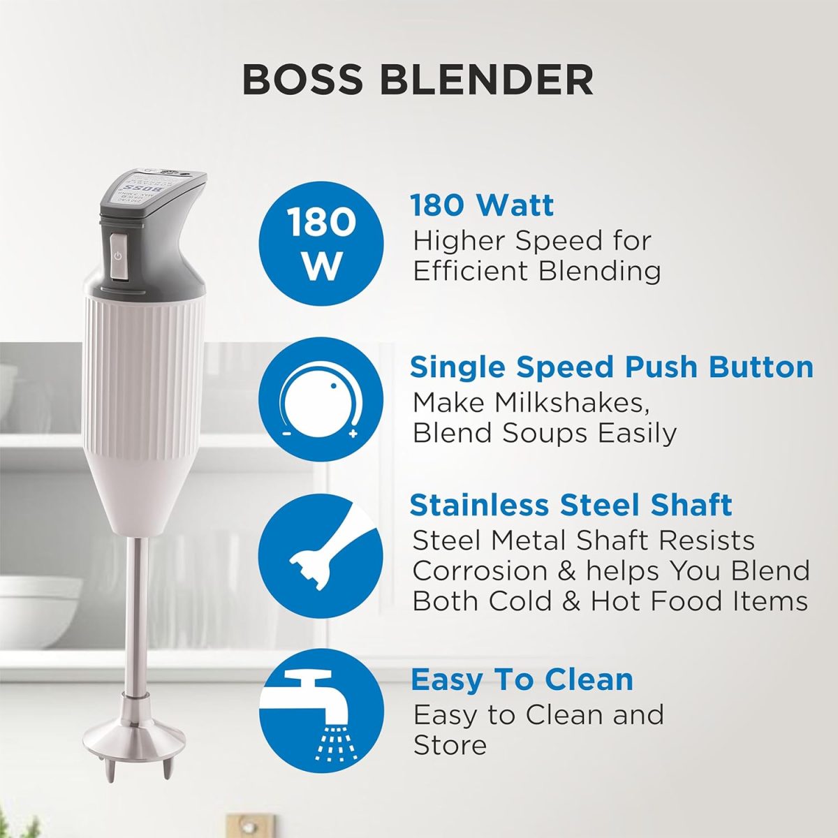 BOSS E111 Portable Hand Blender 180 Watt | Easy to Clean and Store | ISI-Marked, Grey - Image 2