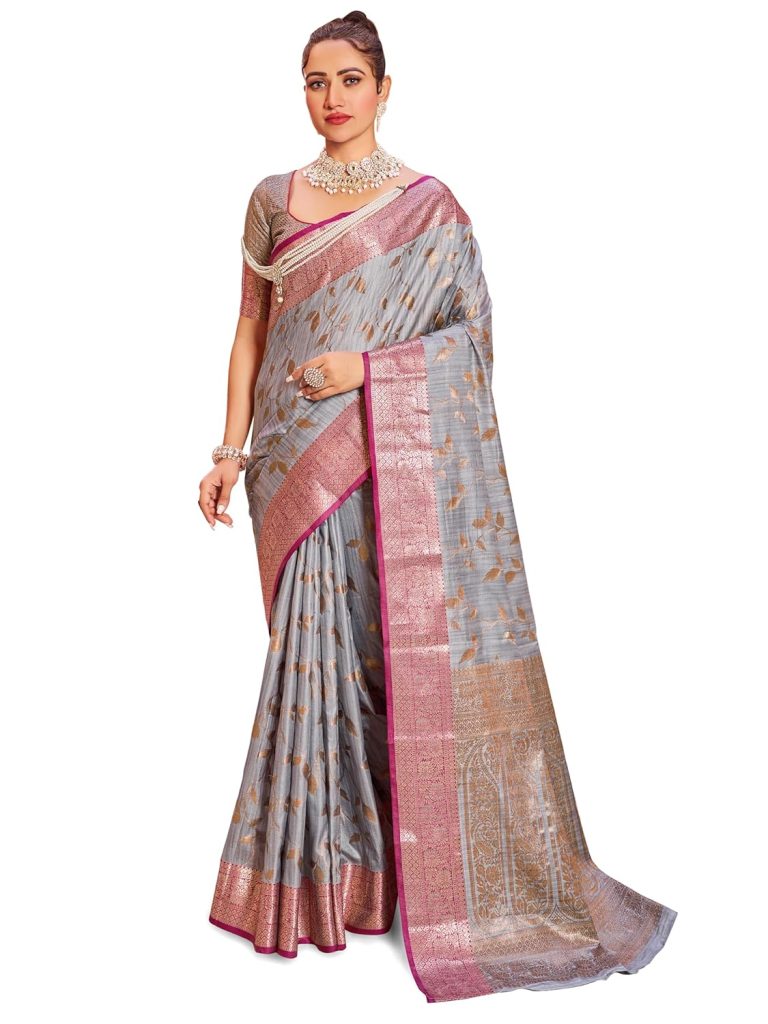 SWORNOF Women's cotton leaves Saree With Unstitched Boluse Piece