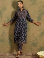 INDO ERA Women's Straight Pure Cotton Ethnic Motifs Printed Kurta & Pant Set (IESTR10744) - Image 4