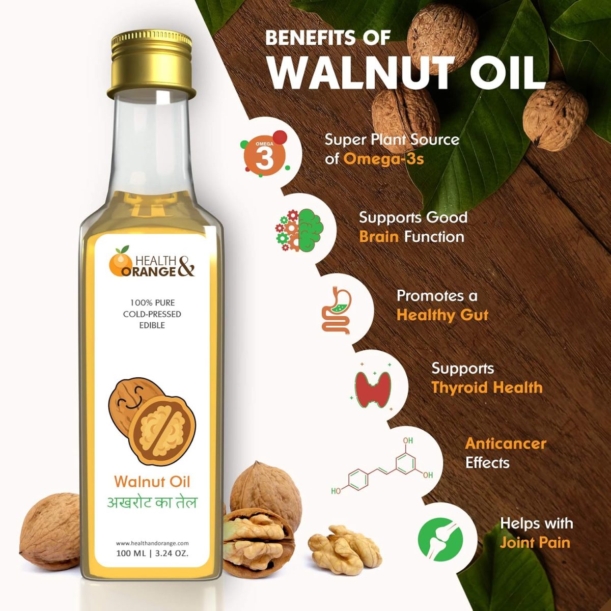 H&O Walnut Oil - 100% Pure Cold Pressed Edible Akhrot Ka Tel - 100ml Glass Bottle - Image 4