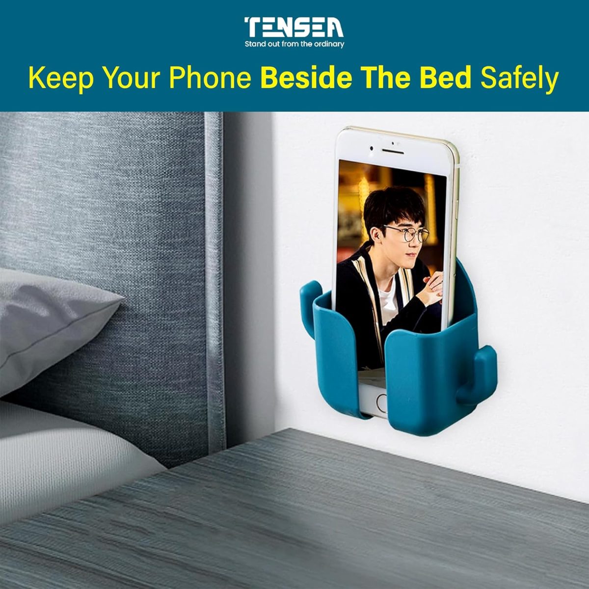 Tensea Pack Of 4 Wall Mount Phone Holder Mobile Charging Stand With 2 Hook Mobie Holder For Bedroom Bathroom Kitchen Shelves Office Table Top - Abs - Image 4