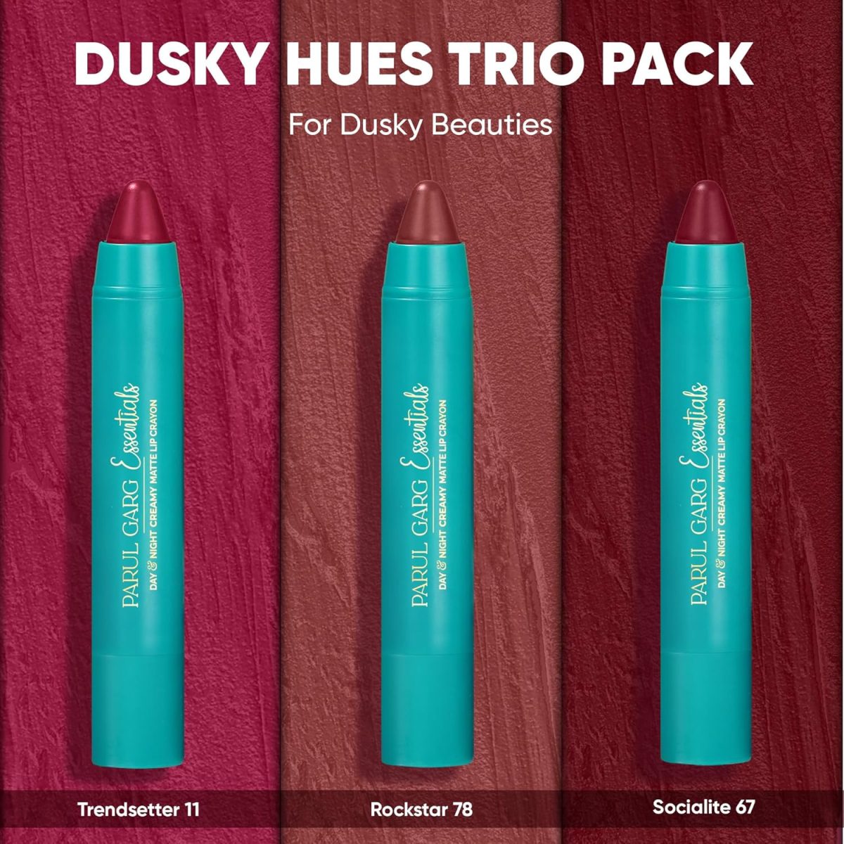 Parul Garg Beauty All-Time Bestsellers Lip Crayon Set | Top 3 Creamy Matte Lipsticks | Rose Pink, Berry & Fuchsia | Bestselling Shades | Vegan, Paraben-Free | Made in India (Dusky Hues) - Image 2