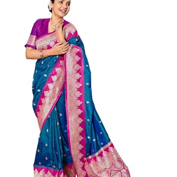 MANOHARI Women's Trendy Banarasi Silk Woven Saree with Heavy Jacquard Pattern, Elegant Design, Silk Saree with Unstitched Jacquard Blouse Piece for Weddings & Festive Occasions