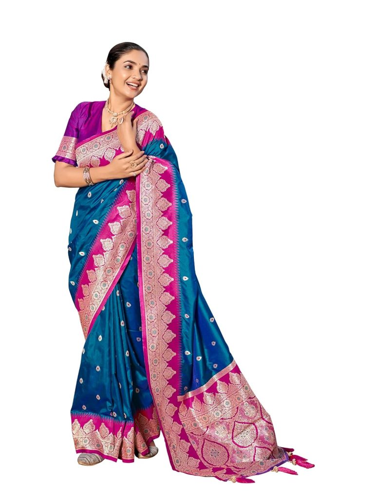 MANOHARI Women's Trendy Banarasi Silk Woven Saree with Heavy Jacquard Pattern, Elegant Design, Silk Saree with Unstitched Jacquard Blouse Piece for Weddings & Festive Occasions