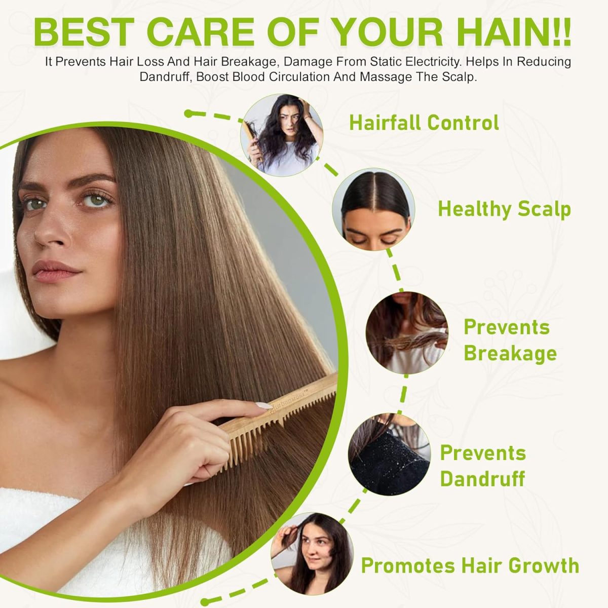 URBANMONK Neem Comb for Hair Growth | Wood Comb for Hair Growth, Hair fall & Dandruff Control | Neem Wooden Comb for Women & Men | All Five Combs - Image 6