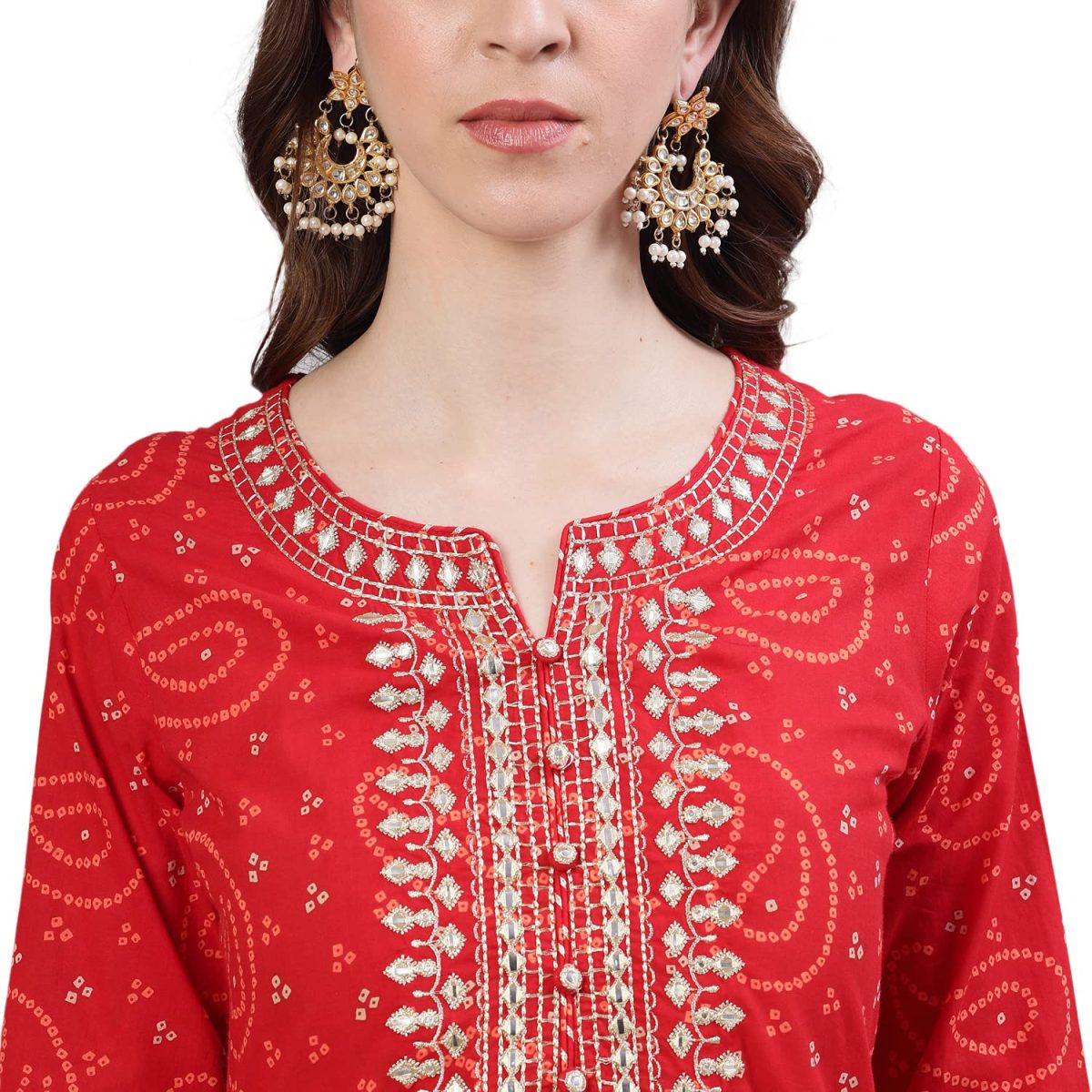 ishin Women's Cotton Bandhani Embroidered Straight Kurta Set with Sharara and Dupatta - Image 3