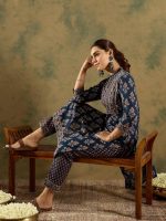 INDO ERA Women's Straight Pure Cotton Ethnic Motifs Printed Kurta & Pant Set (IESTR10744) - Image 2