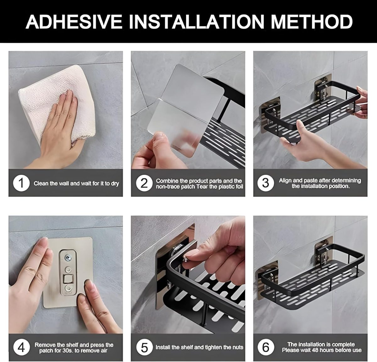 MorivaHomes Multipurpose Self-Adhesive Aluminium Bathroom Wall Mounted Storage Organizer Shelf Holder/Rack/Bathroom Accessories (Pack of 2, Black) - Image 6