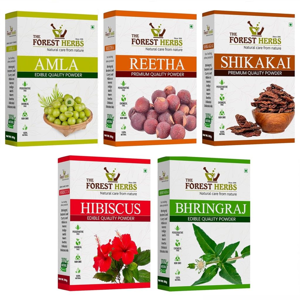THE FOREST HERBS Natural care from nature Natural Organic Amla, Reetha, Shikakai, Bhringraj, Hibiscus Powder for All Hair Type, 100G Each, 5 Count