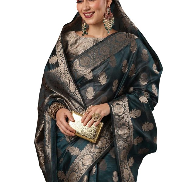 AKHILAM Women's Sunflower Organza Silk Woven Zari Saree With Unstitched Blouse Piece