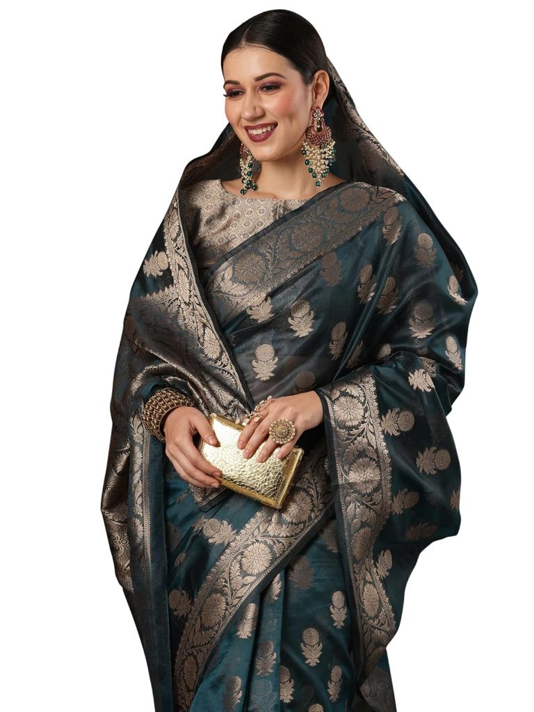 AKHILAM Women's Sunflower Organza Silk Woven Zari Saree With Unstitched Blouse Piece
