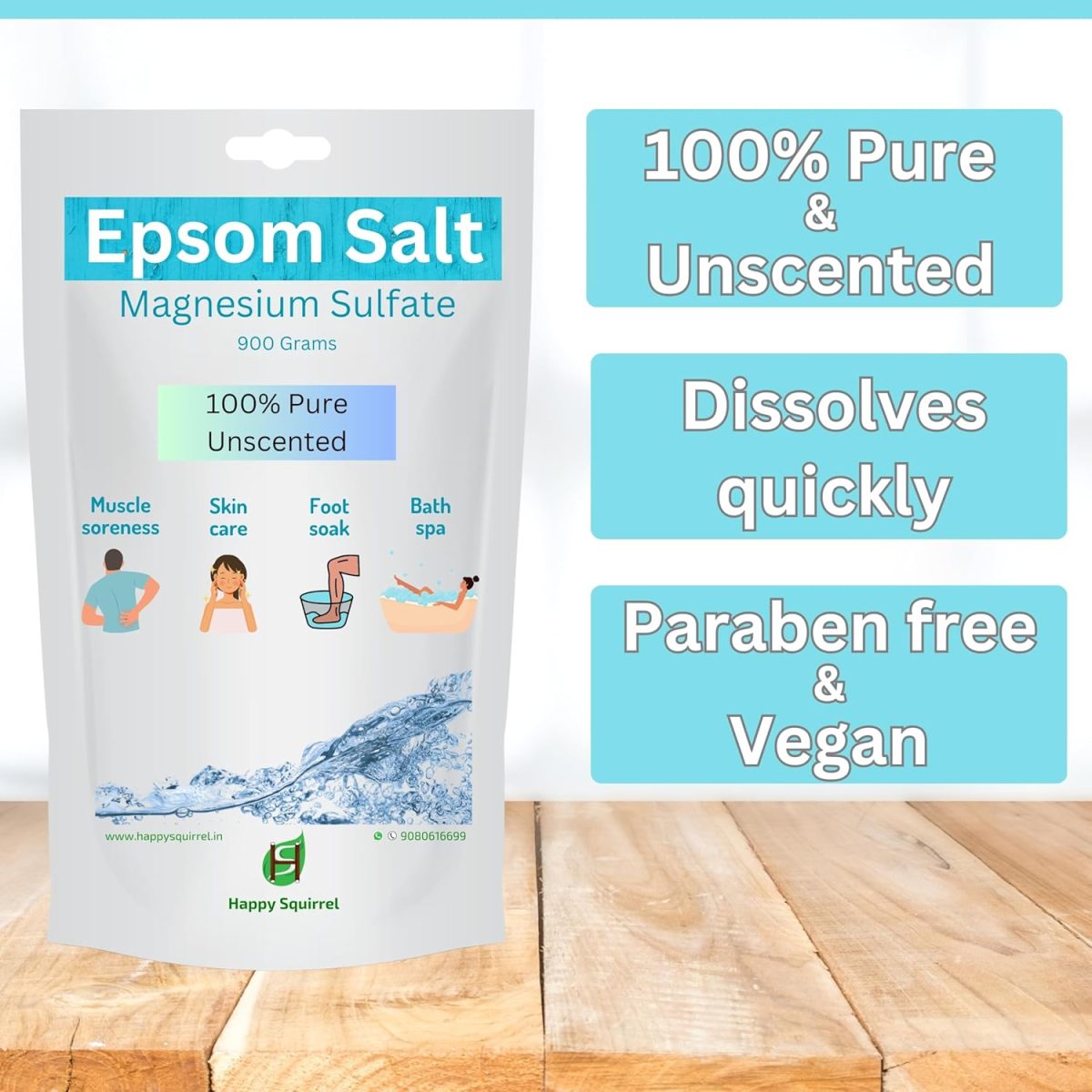 Happy Squirrel Epsom Salt for Foot | 100% Pure Epsom Salt for Bath | Unscented Magnesium Sulphate | Genuine alternate of Magnesium Oil for Feet and Pain Relief (900 Grams) - Image 3