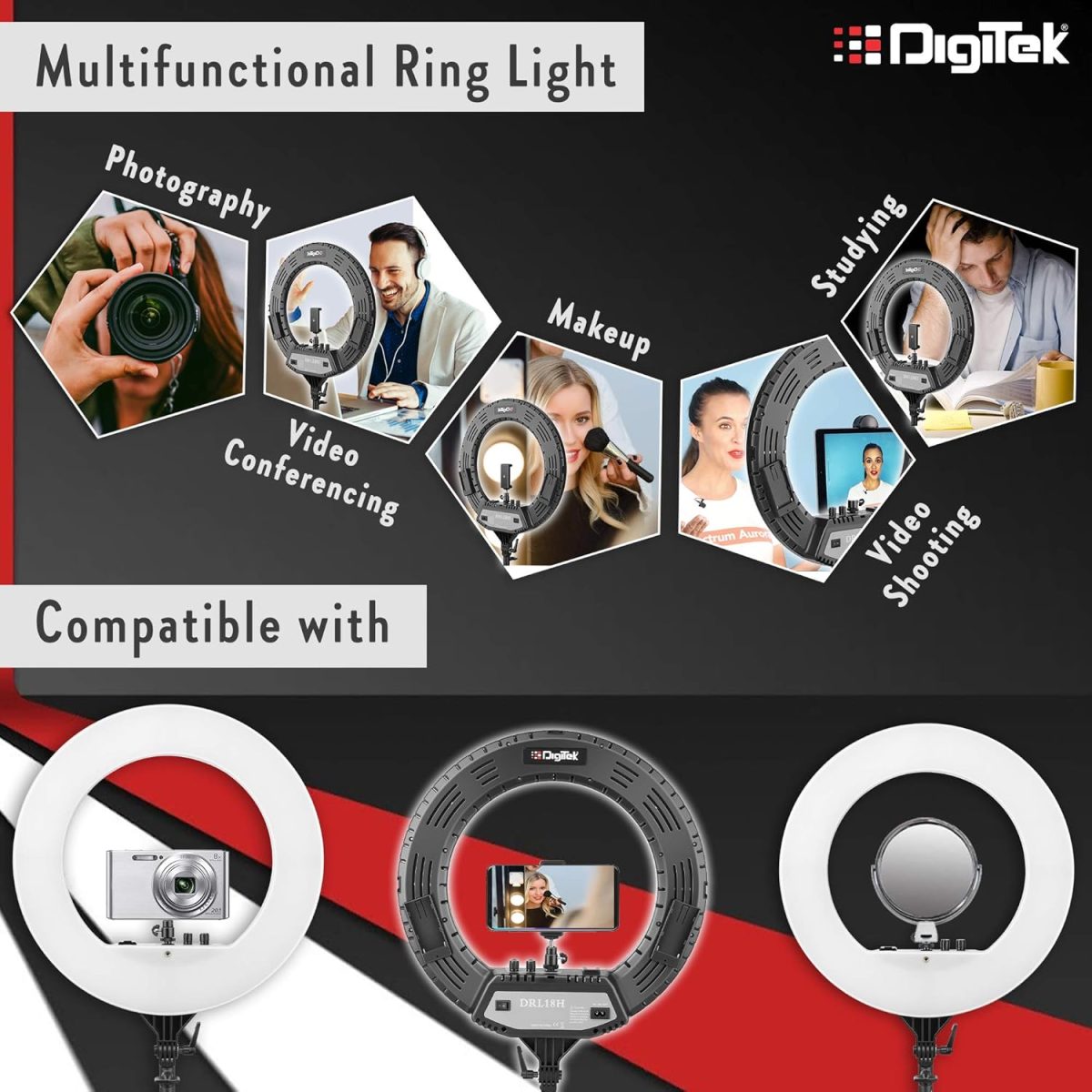 DIGITEK® (DRL-18H C) 18 Inch LED Ring Light with 158cm Stand - AC/DC Power, Color Temperature Control, Lighting Intensity Control - Photography, Video, Makeup, and Live Streaming - USB Powered - Image 3