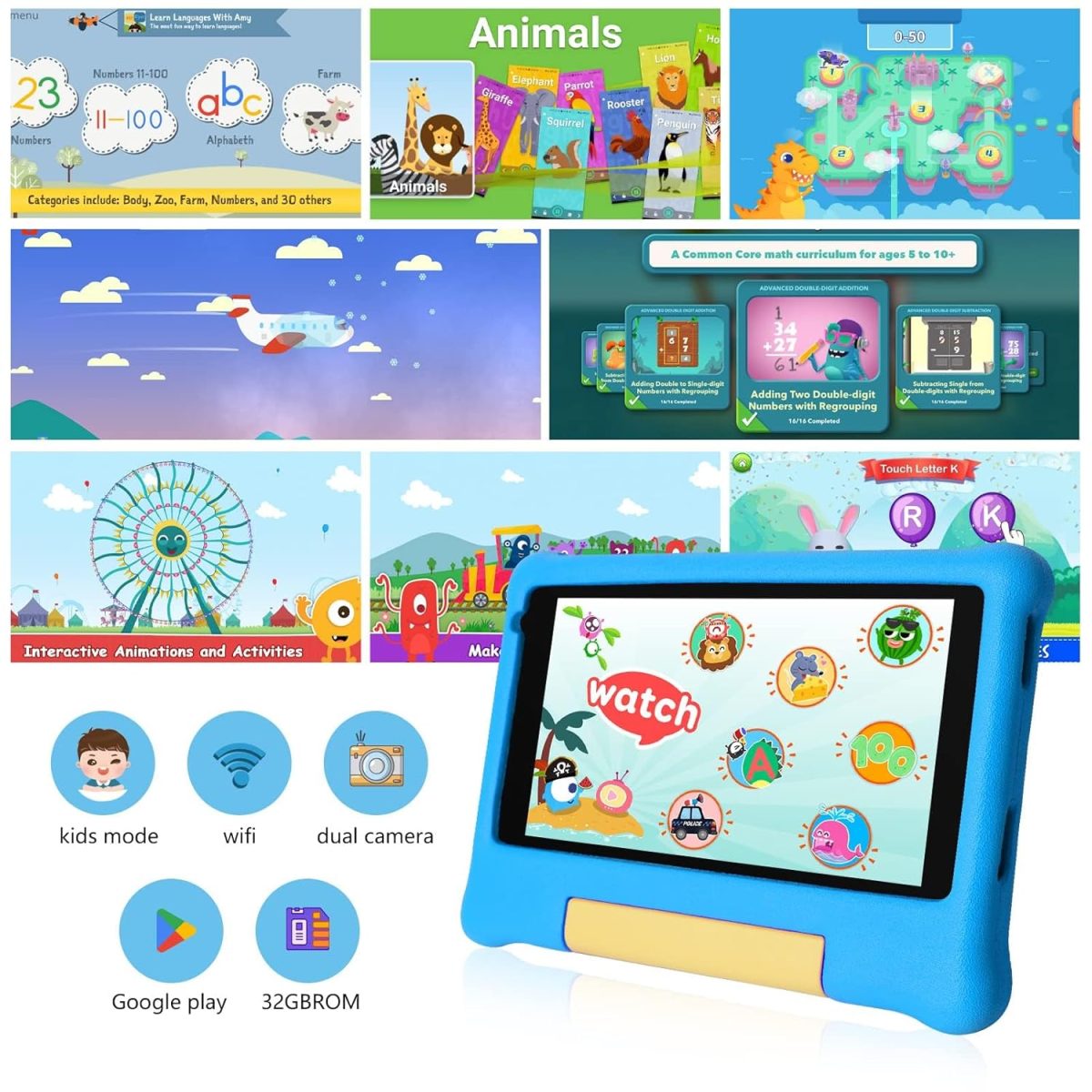 Cheerjoy Kids Tablet 7",Android 12 Tablet For Kids,32GB ROM 128GB Expand,Parental Control,Kids Software Pre-Installed, Dual Camera,Android Learning Tablet Bluetooth With Proof Case For Toddlers(Blue) - Image 2