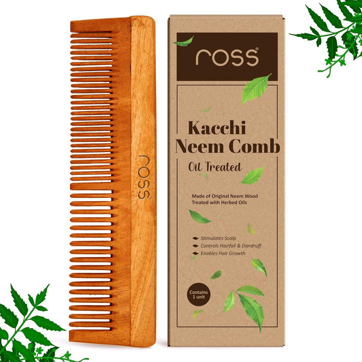 Ross Neem Wood Comb – Oil-Treated with Kacchi Neem, Bhringraj & 15+ Herbs for Hair Growth, Anti-Hair Fall, Dandruff & Frizz Control – Herbal Wooden Comb for Men & Women (Dual Tooth)
