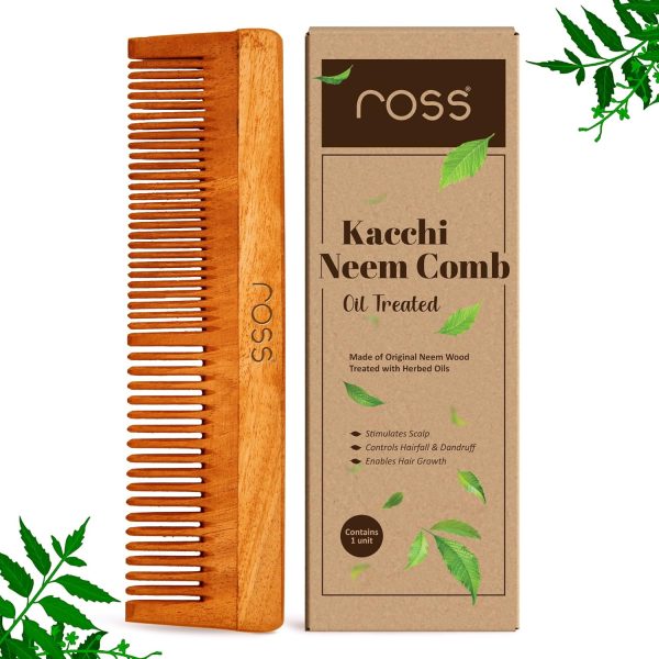 Ross Neem Wood Comb – Oil-Treated with Kacchi Neem, Bhringraj & 15+ Herbs for Hair Growth, Anti-Hair Fall, Dandruff & Frizz Control – Herbal Wooden Comb for Men & Women (Dual Tooth)