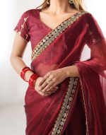SIRIL Women's Shimmer Chiffon Lace Border Saree With Unstitched Blouse Piece - Image 7