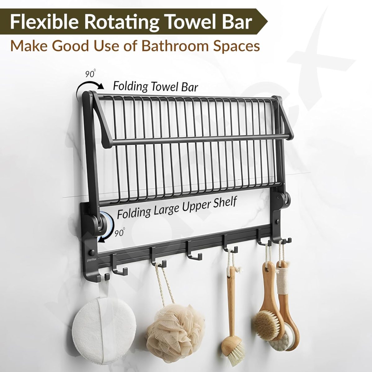 Plantex Aluminum Folding Towel Rack in Bathroom/Towel Holder in Bathroom/Towel Rod with Hooks/Bathroom Accessories (24 Inch) Black - Image 7