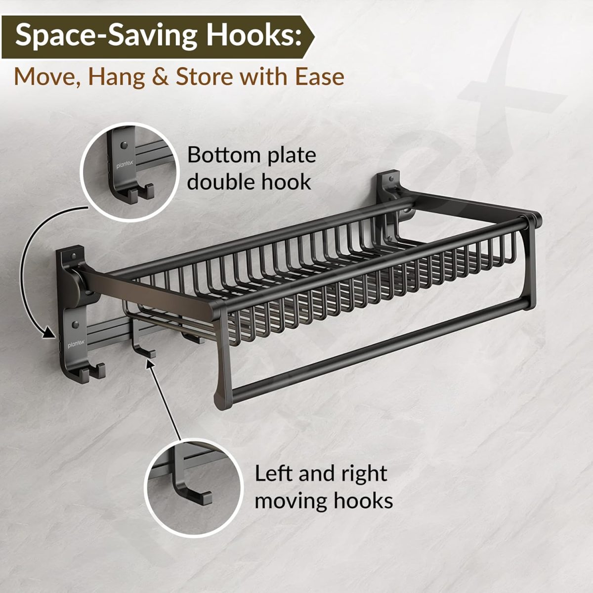 Plantex Aluminum Folding Towel Rack in Bathroom/Towel Holder in Bathroom/Towel Rod with Hooks/Bathroom Accessories (24 Inch) Black - Image 6