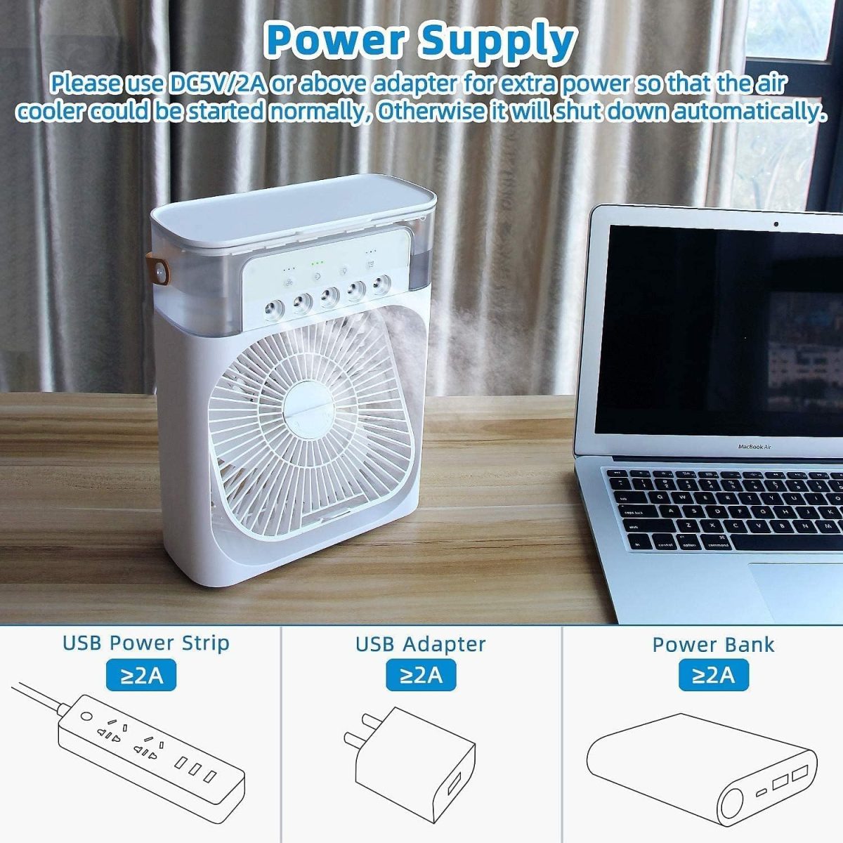 ConvertKitchen Portable Air Conditioner Fan, 500 ml Water Tank USB Personal Cooler, Mini Humidifier Fan with 7 Colors LED Light, 3 Timer, 3 Wind Speeds, 3 Spray Modes for Office, Home - Image 5
