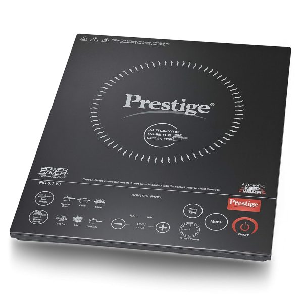 Prestige PIC 6.1 V3 PIC 2200 Watts Induction Cooktop |High Voltage Surge Protection| Automatic Whistle Counter | Feather Touch Buttons | Keep Warm Function |Dual Heat Sensor| Black