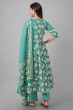 miss fame Women's Cotton Printed Kurta with Pant and Mulmul Dupatta - (Green) - Image 4
