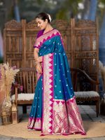MANOHARI Women's Trendy Banarasi Silk Woven Saree with Heavy Jacquard Pattern, Elegant Design, Silk Saree with Unstitched Jacquard Blouse Piece for Weddings & Festive Occasions - Image 3