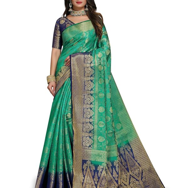C J Enterprise Women's Banarasi Saree Pure Kanjivaram Silk Saree Soft Design Wear Pattu Sarees Latest Party Cotton With Blouse Piece Kanchipuram for Wedding traditional new 2024 (kismat-2 Greeen Blue)
