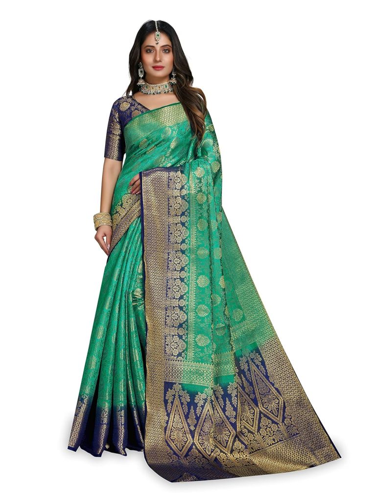 C J Enterprise Women's Banarasi Saree Pure Kanjivaram Silk Saree Soft Design Wear Pattu Sarees Latest Party Cotton With Blouse Piece Kanchipuram for Wedding traditional new 2024 (kismat-2 Greeen Blue)
