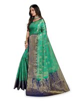 C J Enterprise Women's Banarasi Saree Pure Kanjivaram Silk Saree Soft Design Wear Pattu Sarees Latest Party Cotton With Blouse Piece Kanchipuram for Wedding traditional new 2024 (kismat-2 Greeen Blue) - Image 3