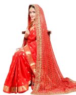 Radha Rang Wedding & Bridal Dupatta : Red,Pink,Cream Women Heavy Bridal Dupatta for Wedding - Chunari With Velvet Lace For Bride Addition to Your Net Red, Pink Lehenga Saree Only I - Image 3