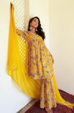 Janasya Women's Georgette Digital Floral Printed Kurta with Sharara and Dupatta - Image 3