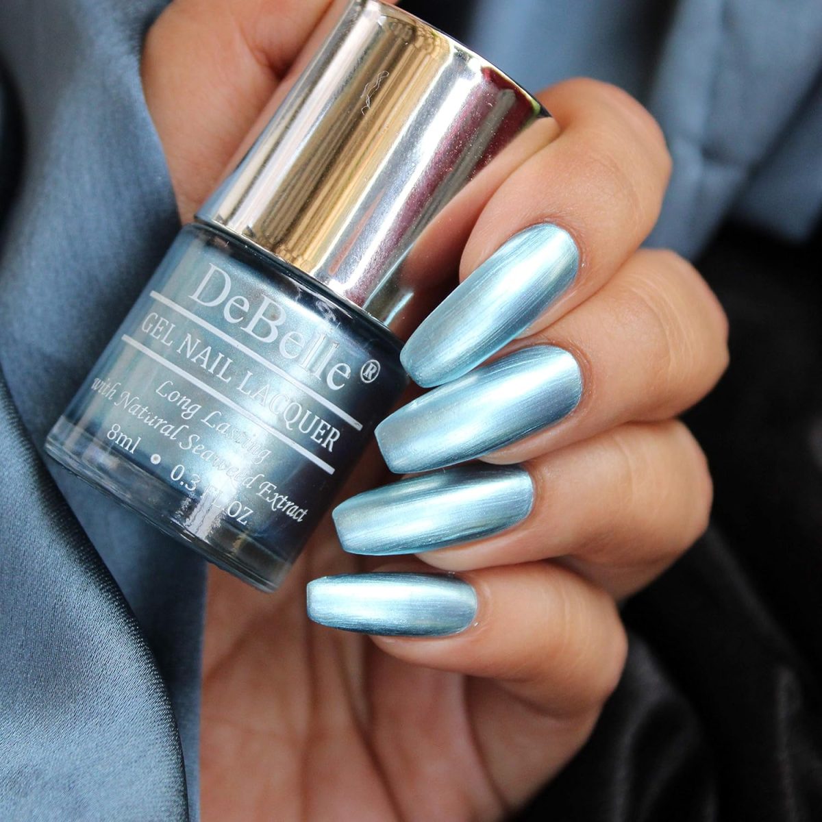 DeBelle Gel Nail Polish Aqua Frenzy (Metallic Sky Blue Nail Paint)|Non UV - Gel Finish |Chip Resistant | Seaweed Enriched Formula| Long Lasting|Cruelty and Toxic Free| 8ml - Image 2