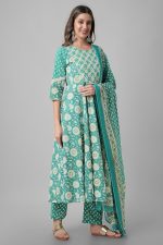 miss fame Women's Cotton Printed Kurta with Pant and Mulmul Dupatta - (Green) - Image 3
