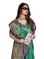 C J Enterprise Women's Banarasi Saree Pure Kanjivaram Silk Saree Soft Design Wear Pattu Sarees Latest Party Cotton With Blouse Piece Kanchipuram for Wedding traditional new 2024 (kismat-2 Greeen Blue) - Image 7