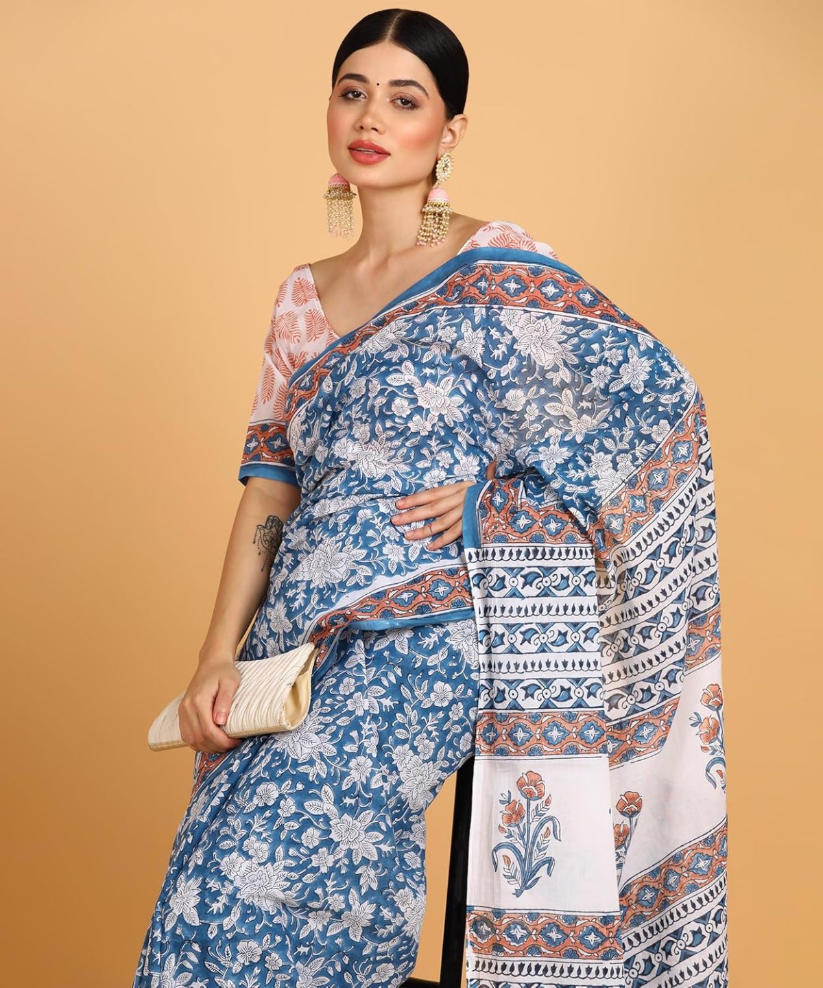 BLOCKS OF INDIA Hand Block Print Cotton Sarees For Women with Unstitched Blouse Piece - Image 6