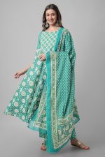 miss fame Women's Cotton Printed Kurta with Pant and Mulmul Dupatta - (Green) - Image 2