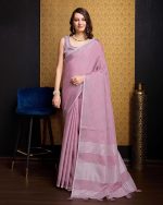 SWORNOF Women's Linen Cotton Silk Saree with Unstitched Blouse Piece | Saree for Women | Saree with Blouse Piece | Soft and Skin Friendly - Image 2