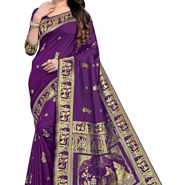 RATNAVALI Women's Bengal Baluchari Banarasi Silk Saree With blouse piece