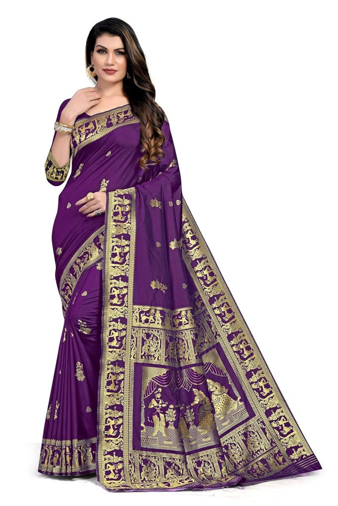 RATNAVALI Women's Bengal Baluchari Banarasi Silk Saree With blouse piece