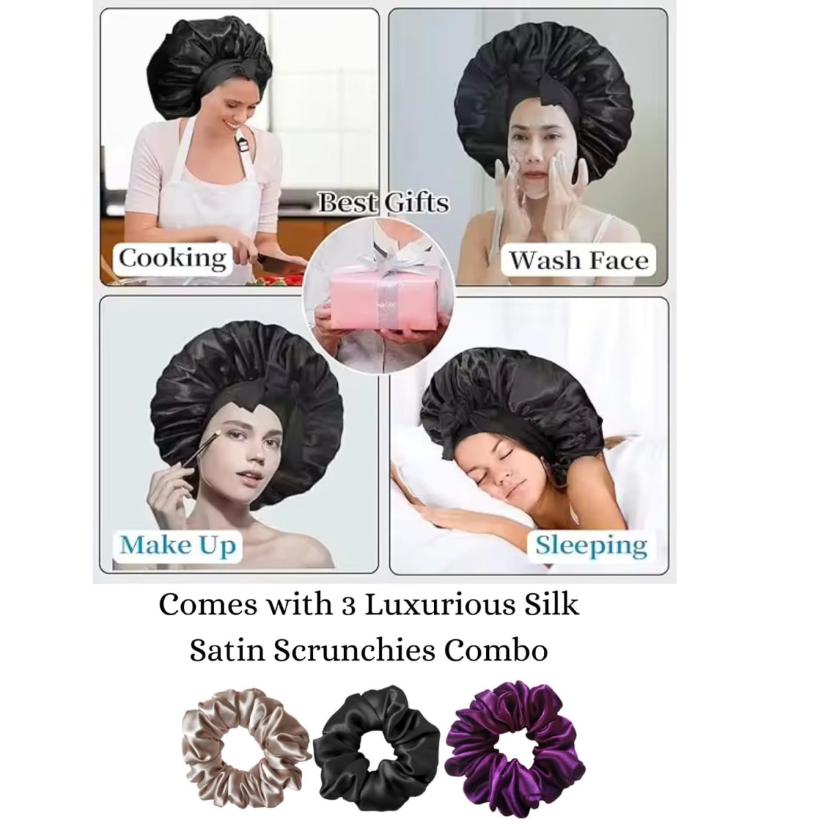 Candibella Silk Bonnet for Hair with 3 Scrunchies, Adjustable Silk Hair Cap for Sleeping, Satin Bonnet for Curly Hair with Wide Elastic Tie Band - Image 5