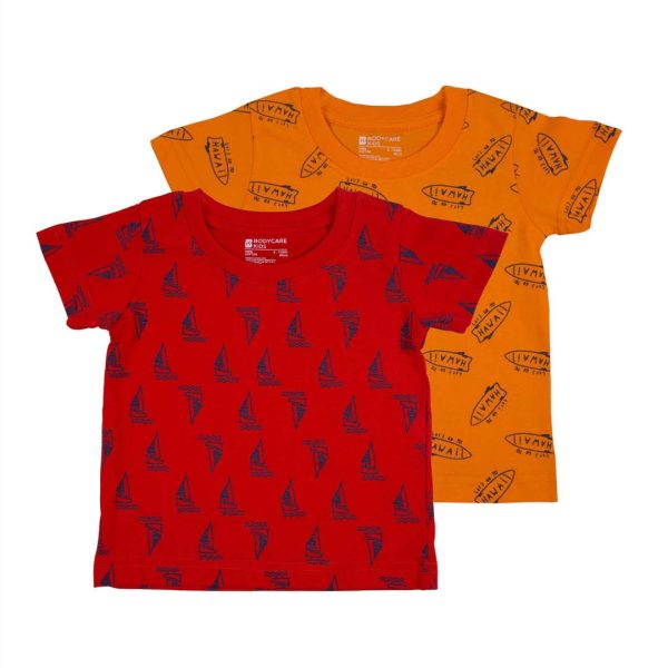BODYCARE Kids Infantwear Boy's Red & Orange Printed Round Neck Regular Fit T-Shirt Pack Of 2,Cotton,3 Years-4 Years