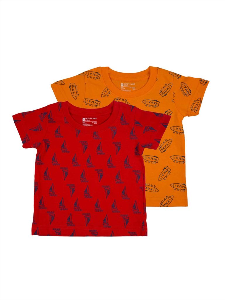 BODYCARE Kids Infantwear Boy's Red & Orange Printed Round Neck Regular Fit T-Shirt Pack Of 2,Cotton,3 Years-4 Years