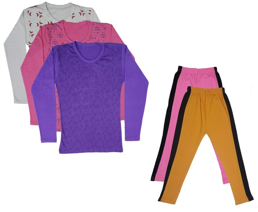 IndiWeaves Girls Cotton Full Sleeve Printed T-Shirts and Cotton Capri 3/4 Pants (Pink,Mustard,White,Pink,Purple,11-12 Years) Pack of 5