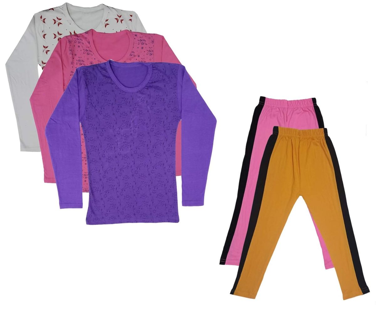 IndiWeaves Girls Cotton Full Sleeve Printed T-Shirts and Cotton Capri 3/4 Pants (Pink,Mustard,White,Pink,Purple,11-12 Years) Pack of 5