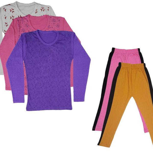IndiWeaves Girls Cotton Full Sleeve Printed T-Shirts and Cotton Capri 3/4 Pants (Pink,Mustard,White,Pink,Purple,11-12 Years) Pack of 5